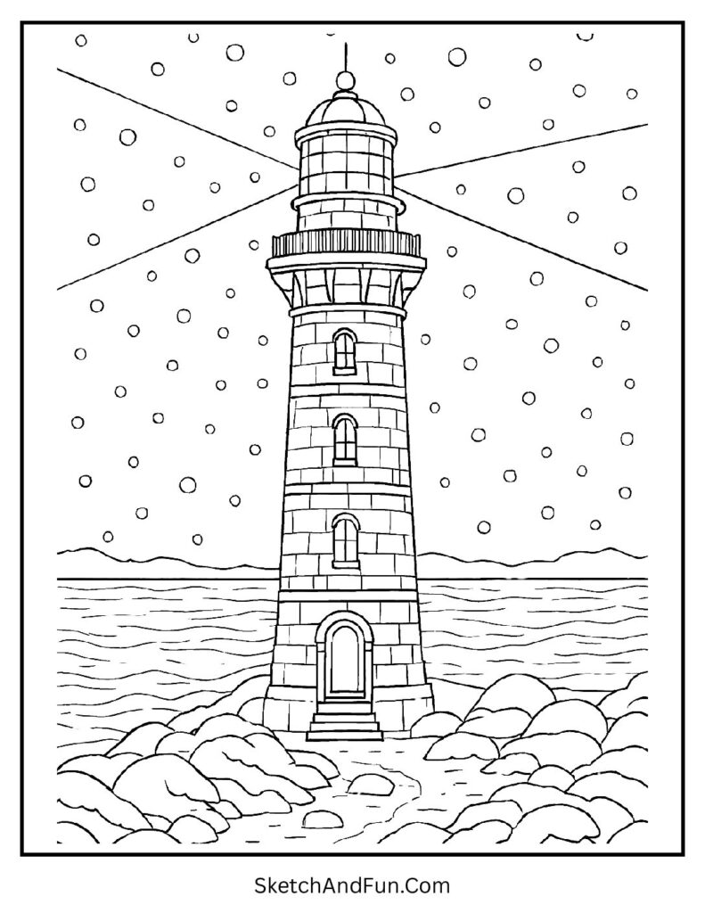 Lighthouse glowing in snowstorm for winter landscapes coloring pages.