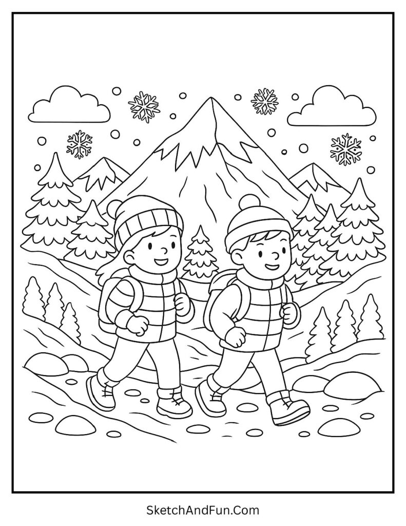 Kids hiking snowy mountains for giant winter coloring sheets.