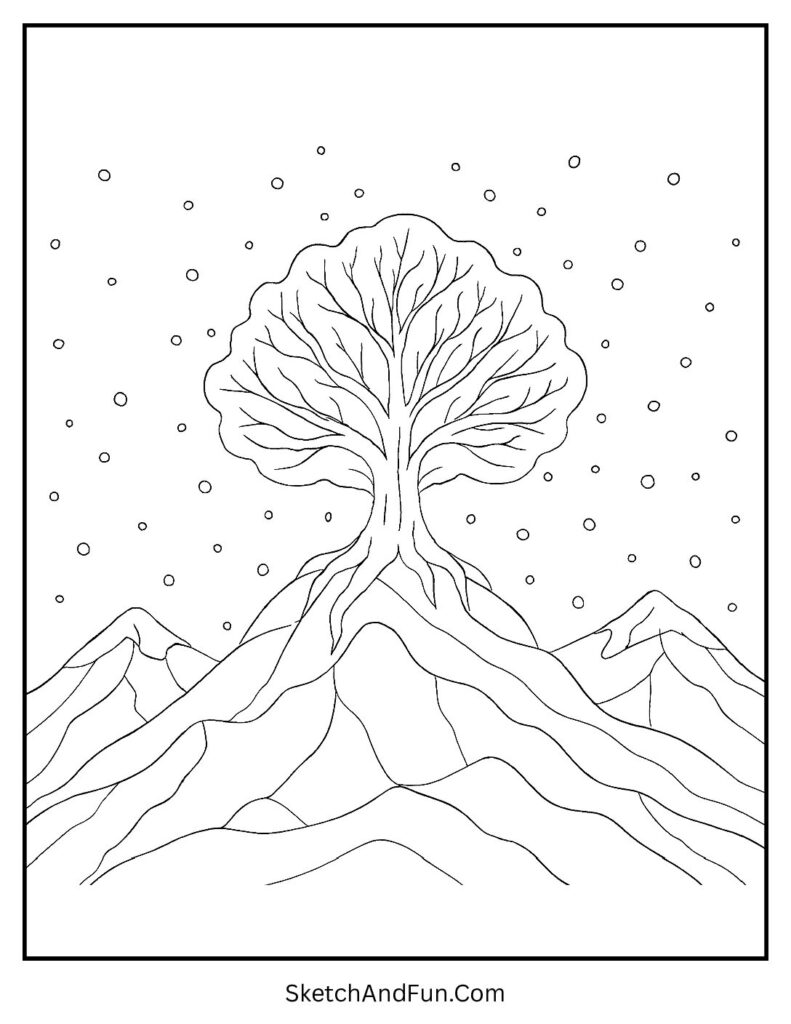 Tree on snowy mountain peak for giant christmas tree coloring page printable.