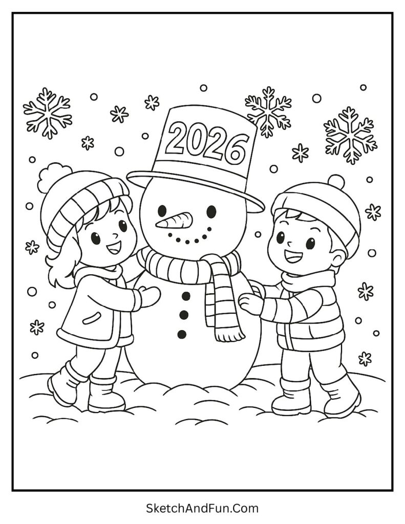 Snowy scene with snowman 2026 – new year printable coloring page free