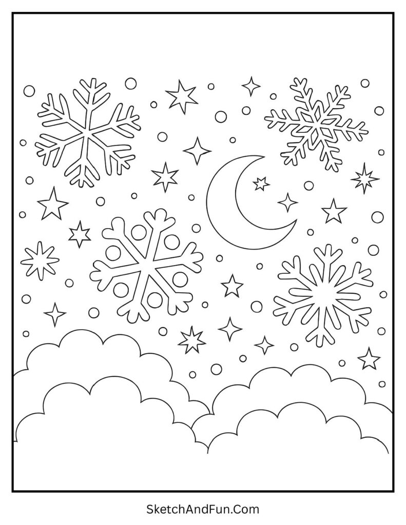 Starry snowy sky over houses for winter coloring pages for classrooms.