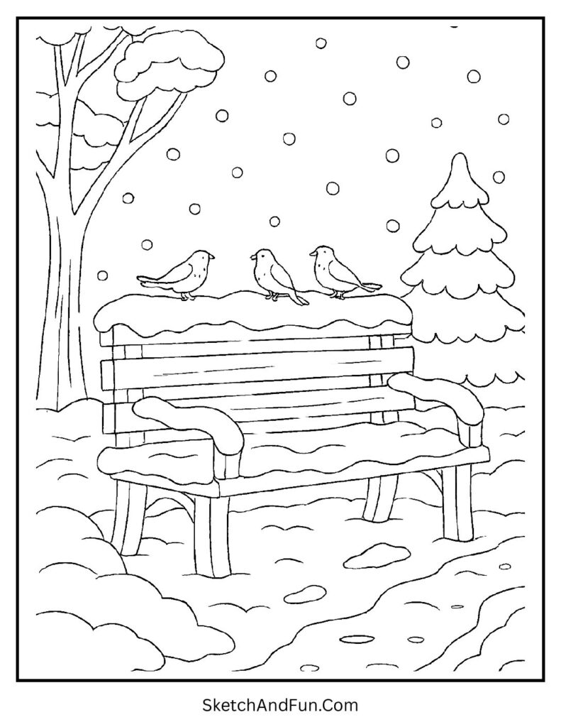 Park bench covered in snow for black and white winter coloring pages.