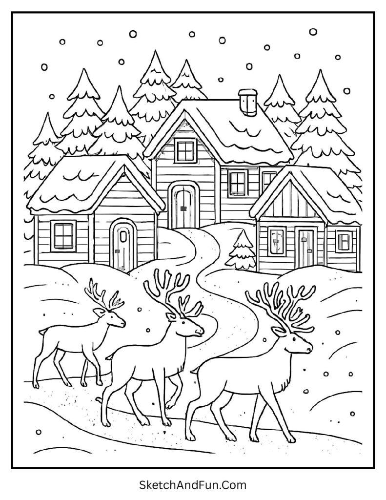 Snowy reindeer village with glittering paths – reindeer winter scene coloring page