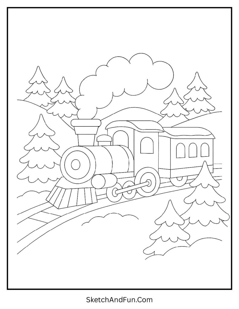 Train in snowy hills for winter scene coloring pages.