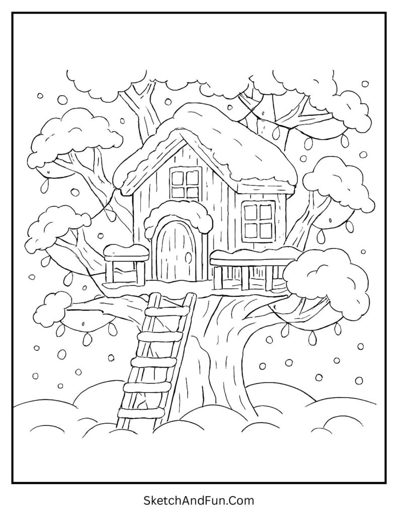 Snowy treehouse with lanterns for winter trees coloring pages.