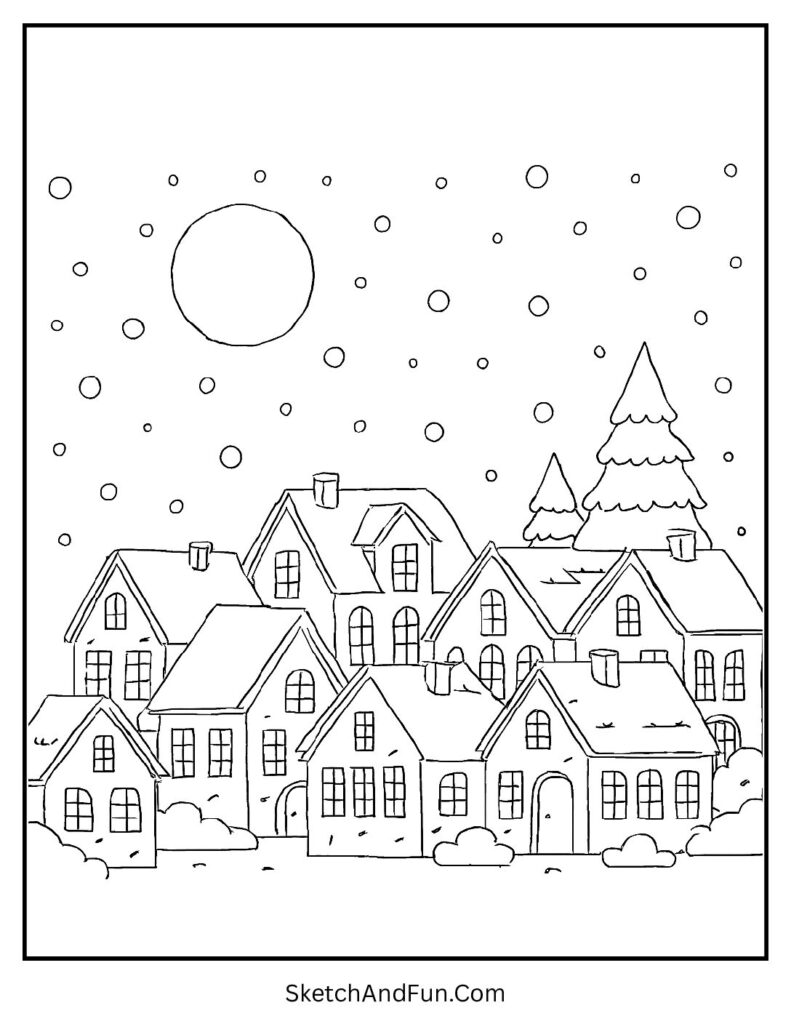 Snowy village night scene from cozy coloring sheet pdf