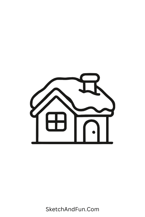 Christmas house drawing with a cozy snowy home and chimney smoke.