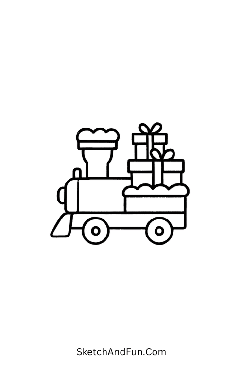 Train carrying gifts in snow, dreamy and fun for adult Christmas art projects.