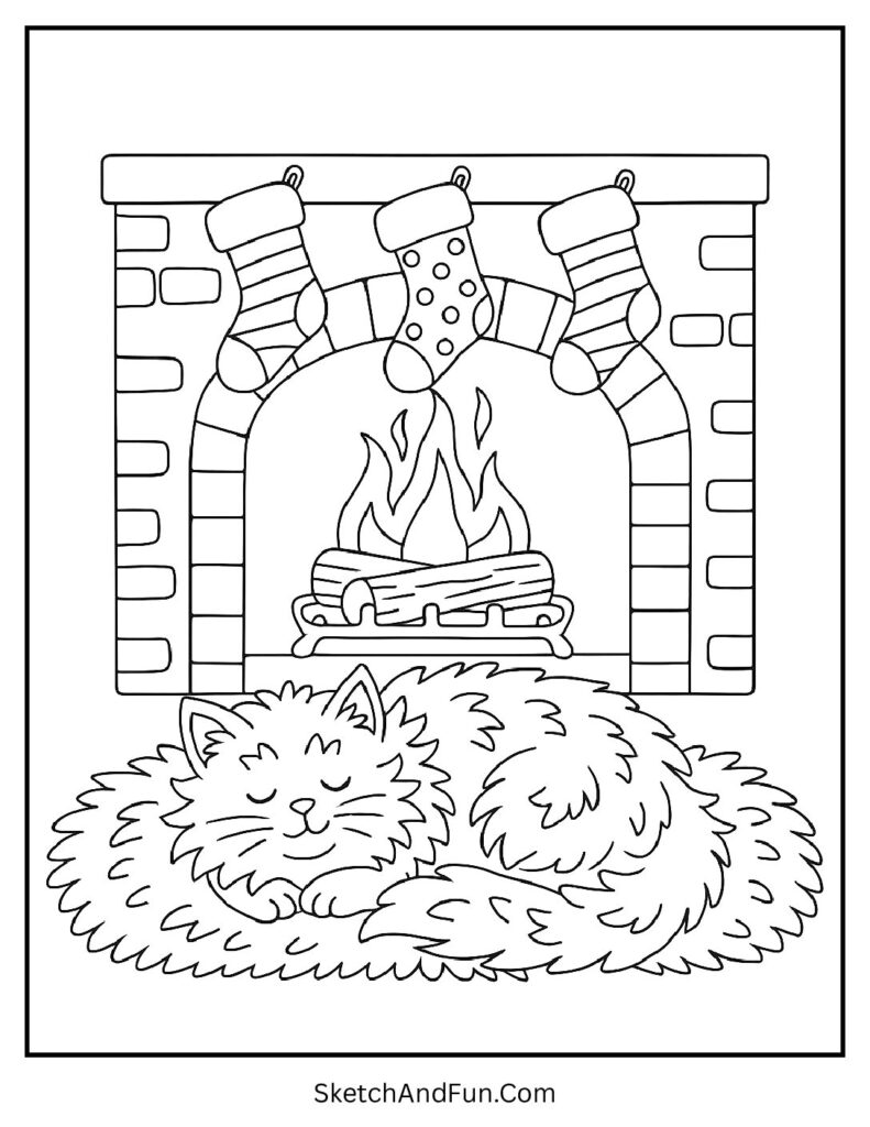 Fluffy cat by fireplace scene from cozy coloring pages for adults