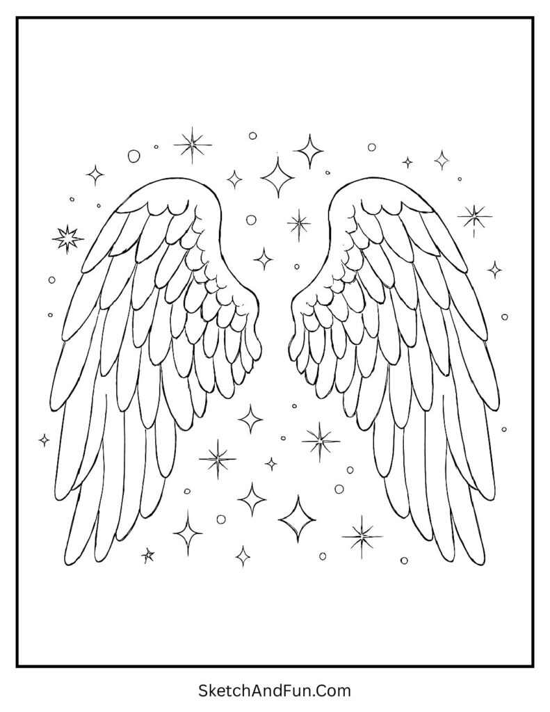 Soft angel wings surrounded by sparkles for aesthetic coloring pages for toddlers.