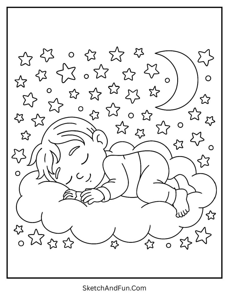 Sleeping child on clouds from cozy coloring pages nature scenes