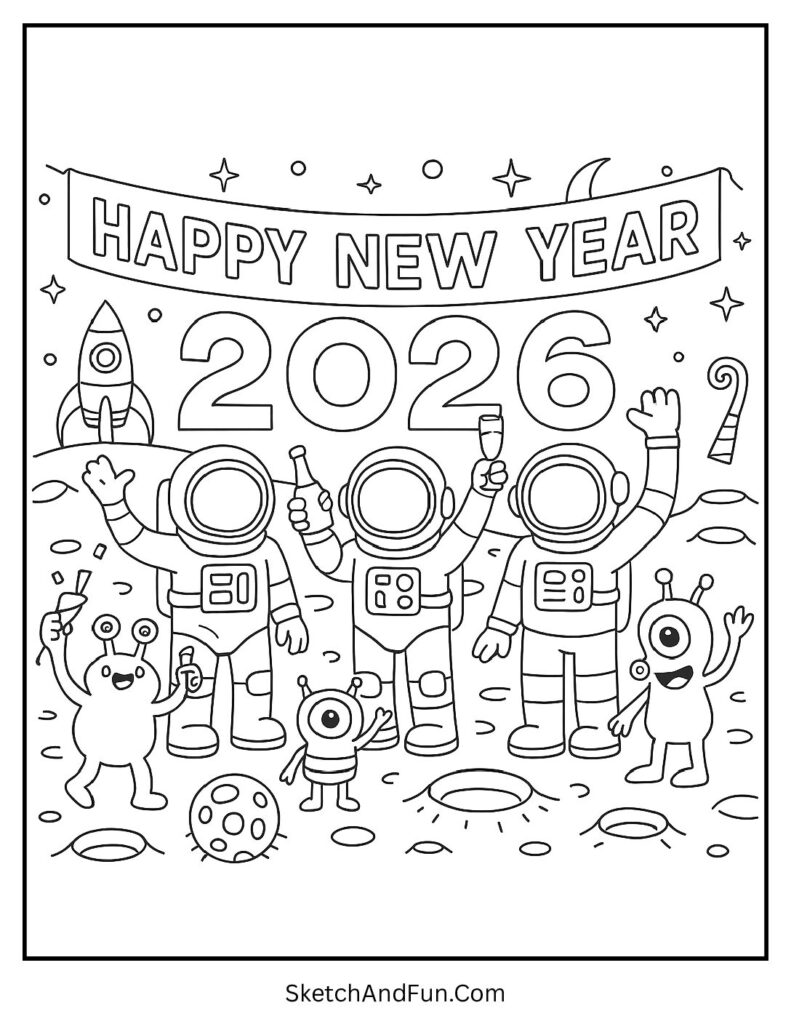 Astronauts and aliens 2026 – new year big number balloon coloring page printable