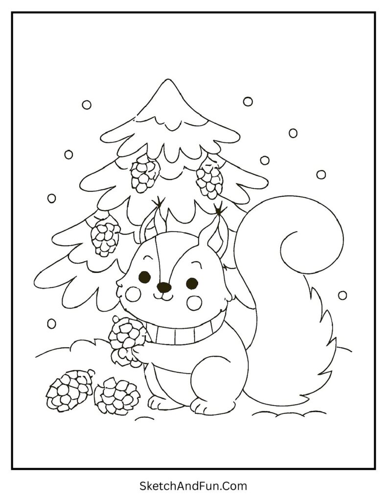 Squirrel under snowy tree for winter animals coloring pages.