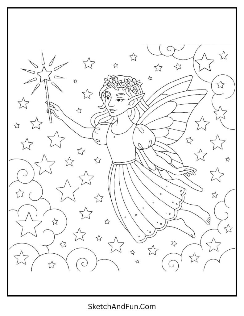 Fairy placing stars in night sky for fairy wings coloring page outline.