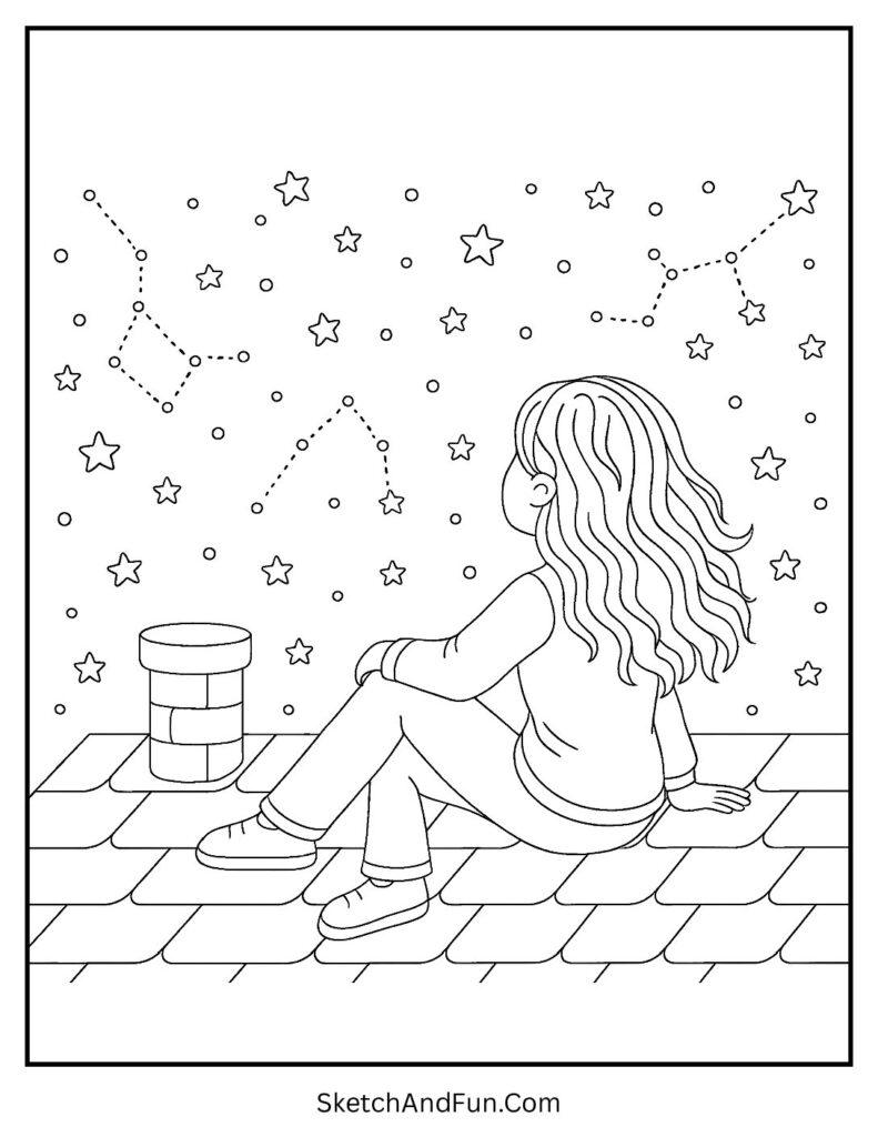Rooftop stargazing moment for aesthetic coloring pages girl.