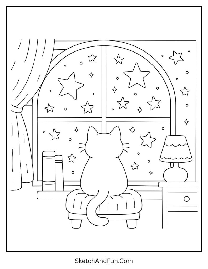 Cute cat under starry sky for aesthetic animal coloring pages.