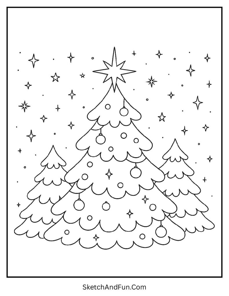 Shiny tree under stars for holiday christmas tree coloring pages.