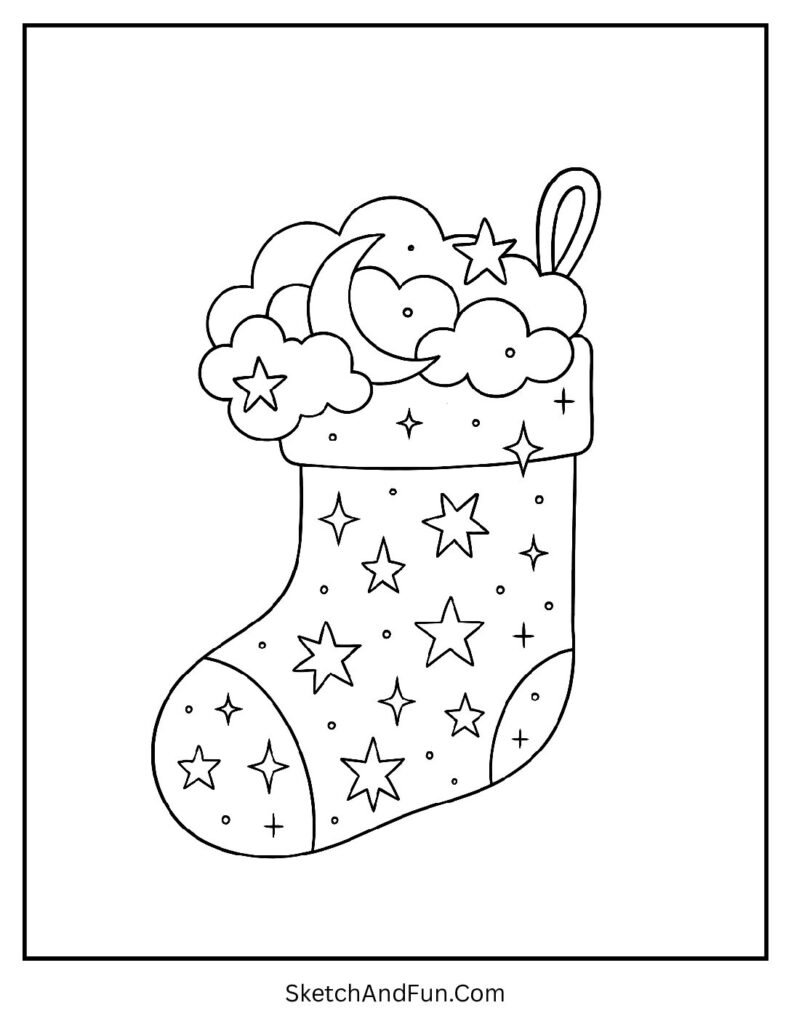 Starry Night Stocking – Christmas stocking coloring pages for toddlers with moon and stars.