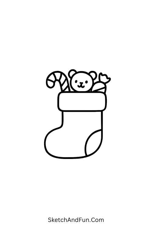 Stocking drawing ideas of a holiday sock filled with toys and candy.