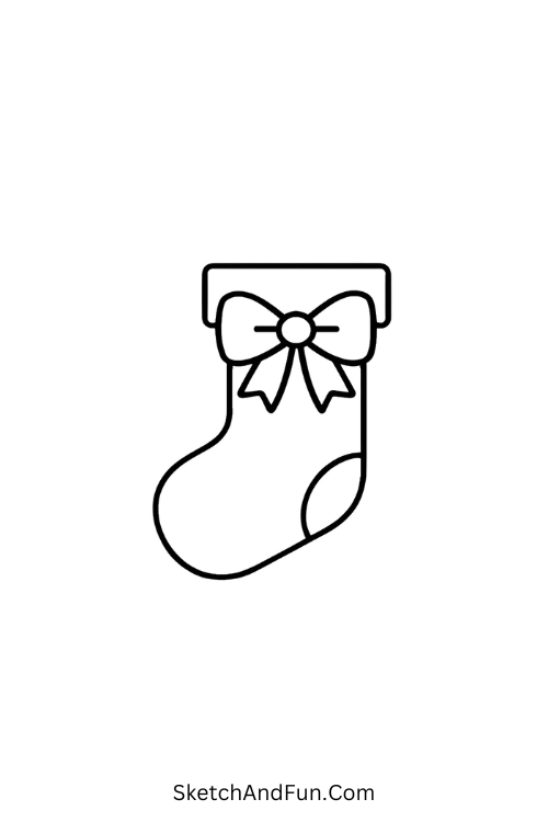 Sock tied with ribbon bow, pretty idea for festive Christmas art drawings.