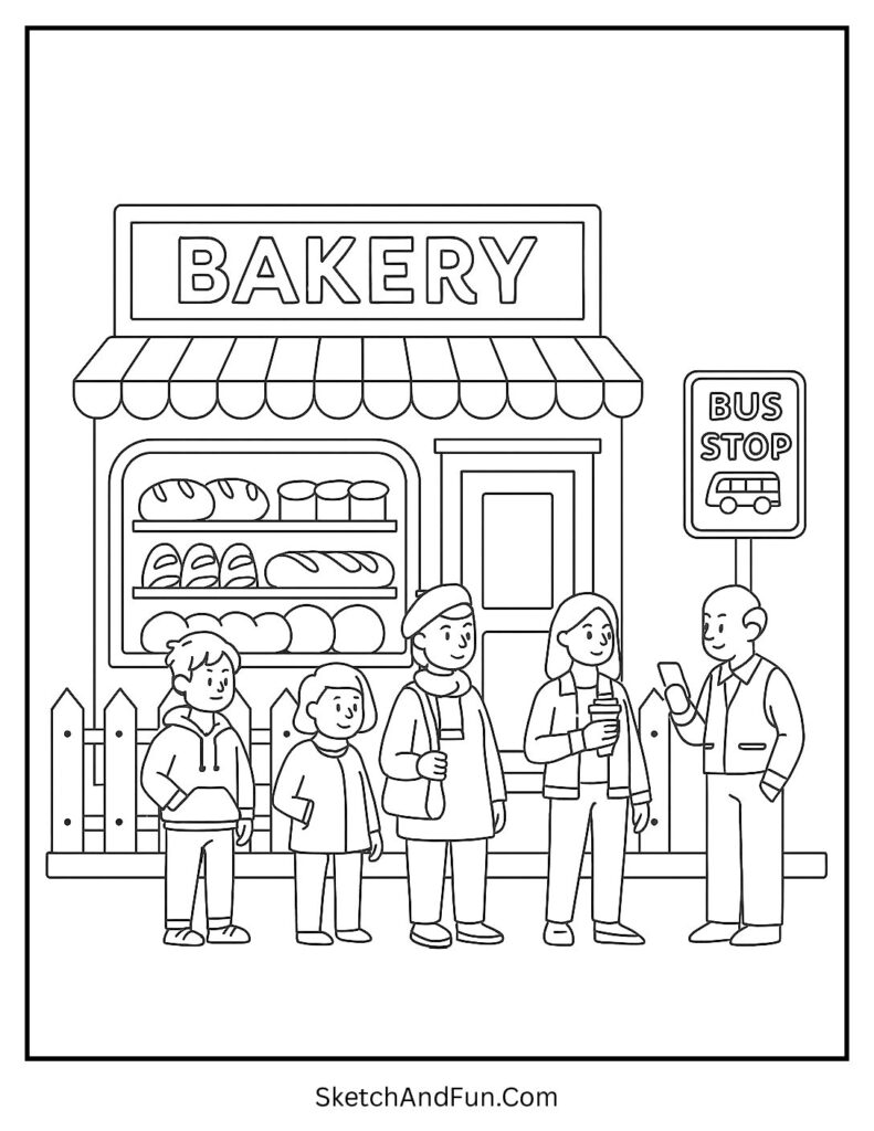 Bakery storefront coloring page beside bus stop and people waiting