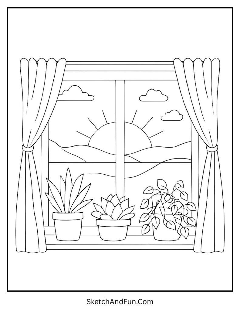 Sunset window scene with plants for aesthetic coloring pages for kids.