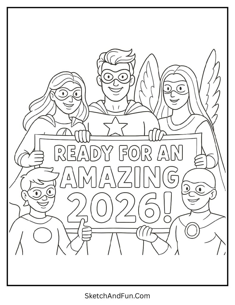 Superheroes holding 2026 banner – new year coloring pages family printable pdf
