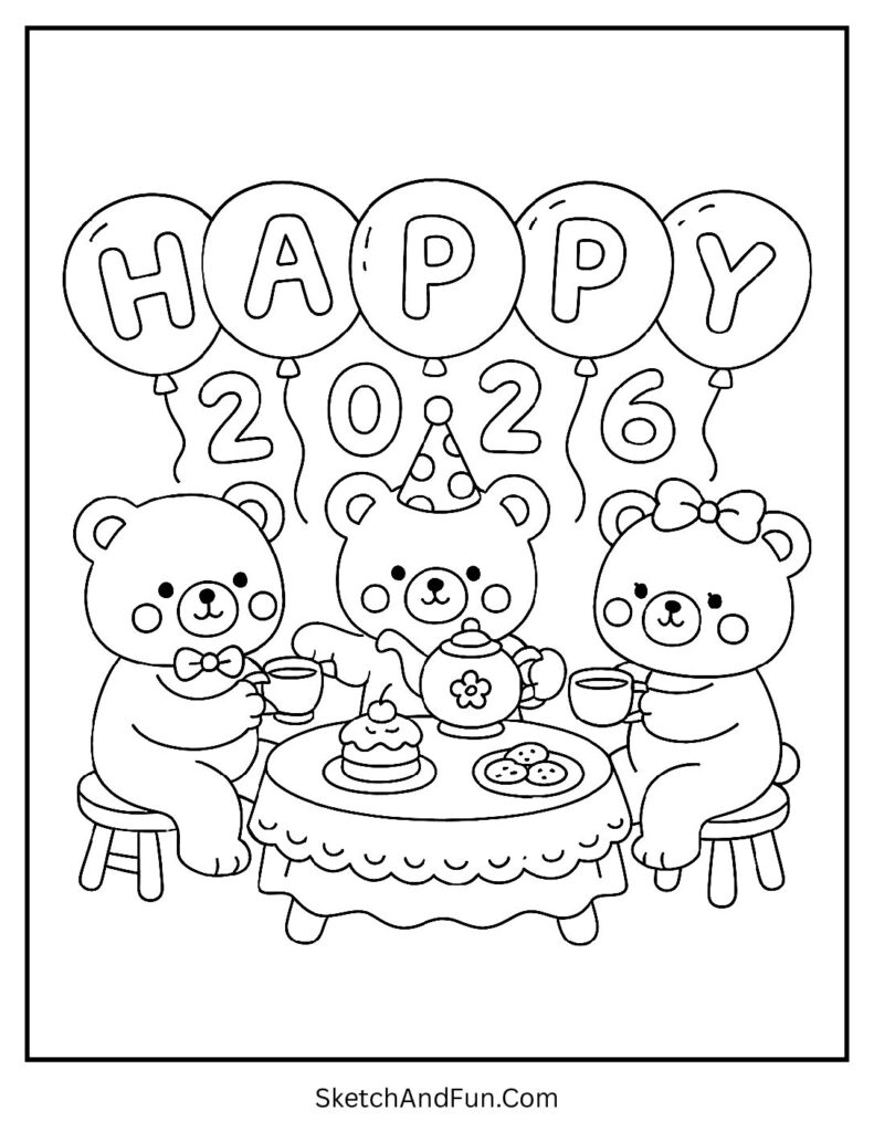 Teddy bears tea party – new year colouring pages for adults anti-stress