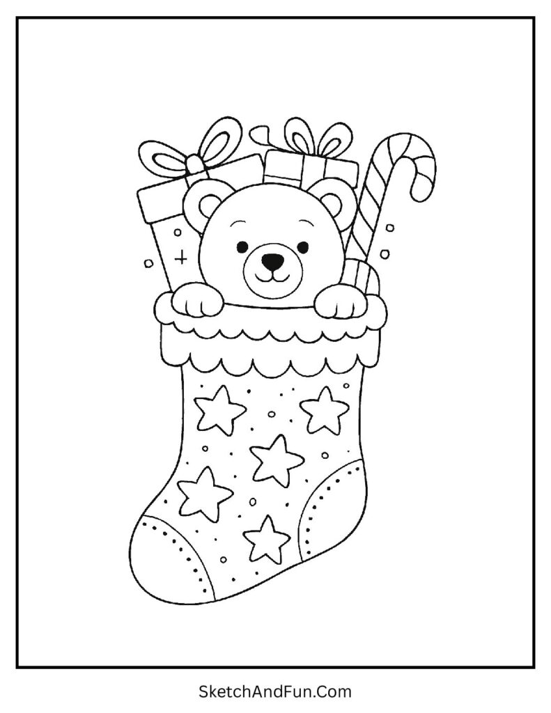 Teddy Bear Stocking – Christmas stocking color by number with teddy bear and wrapped gifts.