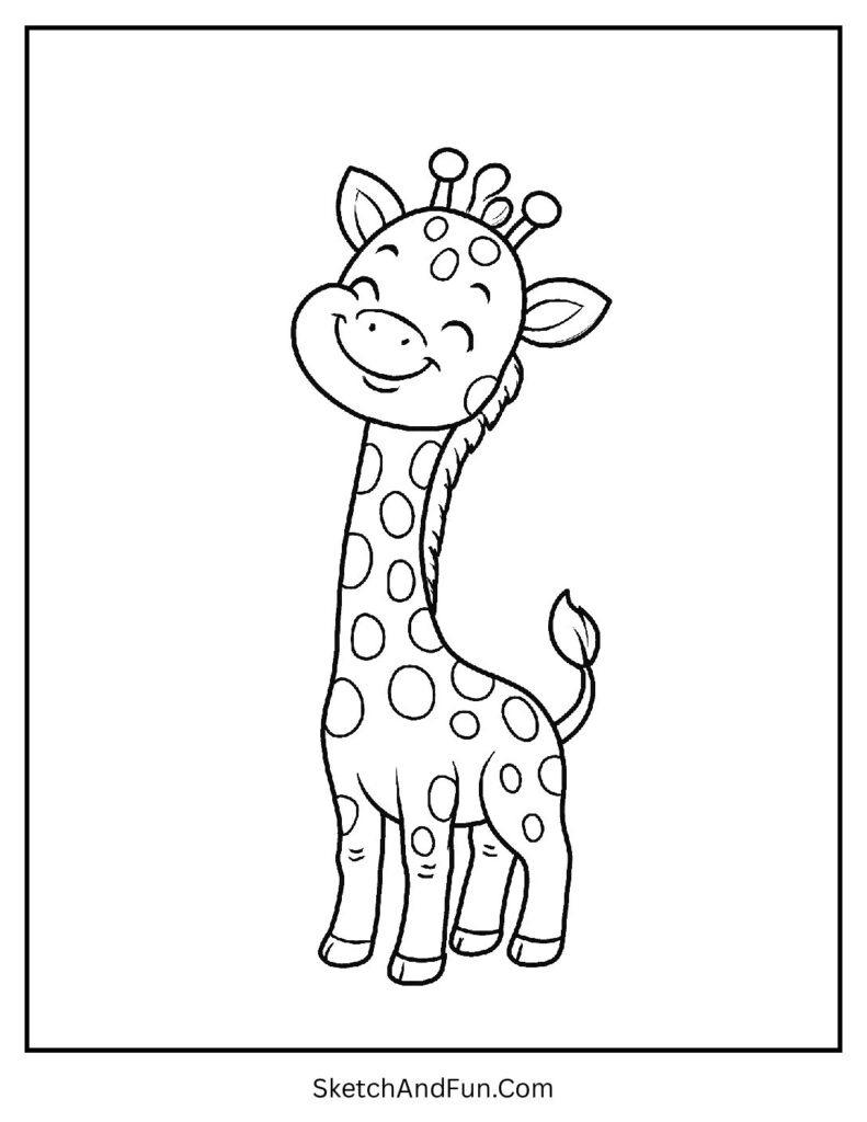 Baby giraffe stretching neck in kawaii coloring pages for toddlers.
