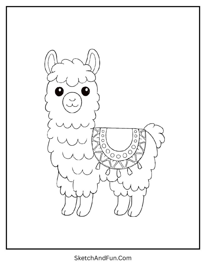 Llama with patterned blanket in kawaii coloring pages for kids.