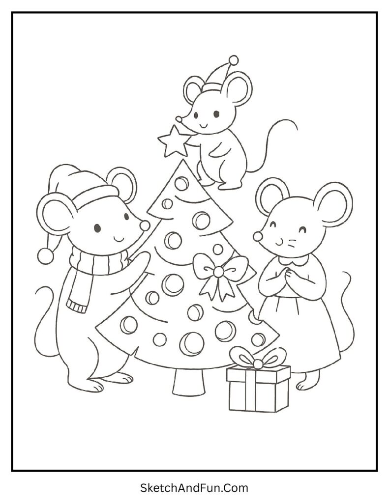 Mice celebrating under tiny tree for christmas tree coloring for preschool.