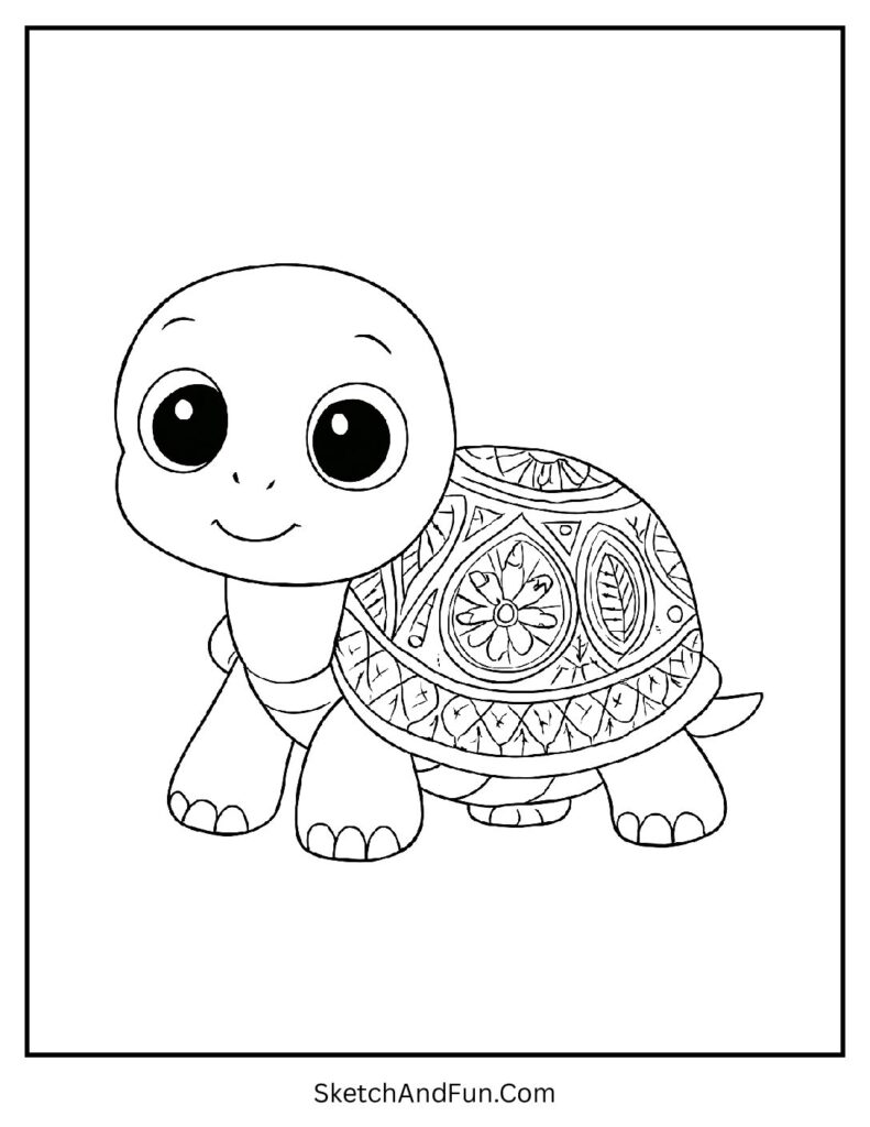 Turtle with decorated shell in kawaii coloring pages for fine motor skills.