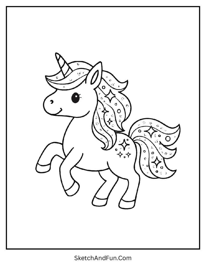 Unicorn prancing with glittery mane in kawaii coloring pages unicorn.