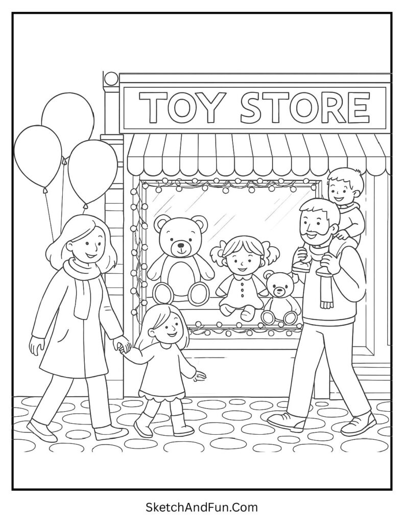 Festive toy store with lights and dolls for holiday storefront coloring pages.
