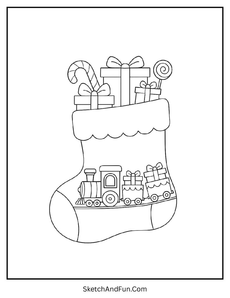 Train of Gifts Stocking – Christmas stocking coloring page download with toy train and presents.