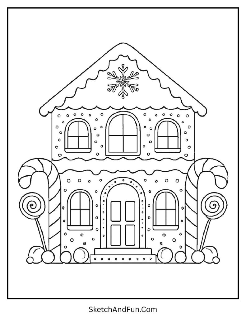 Two-story home with candy pillars in a gingerbread house coloring page black and white.