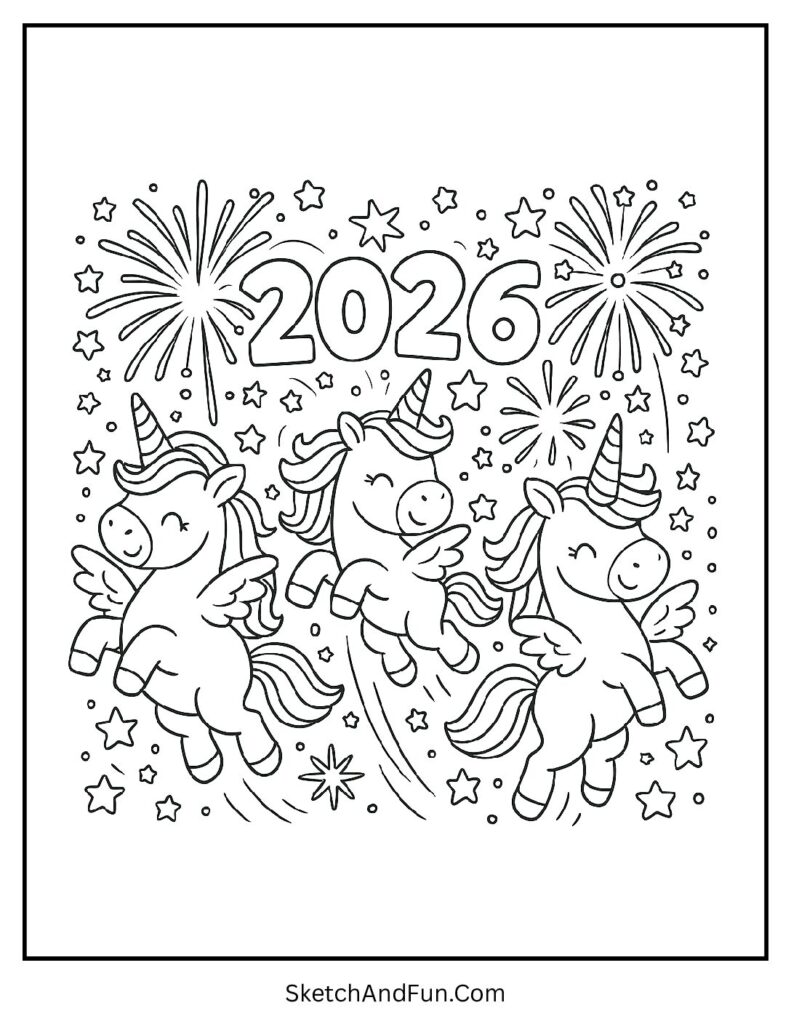 Unicorns under fireworks – new year coloring pages classroom worksheet free