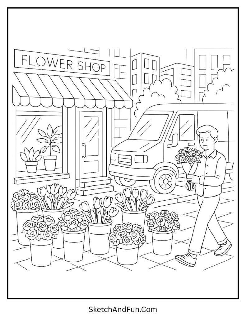 Flower shop with roses and delivery van for urban storefront coloring pages.
