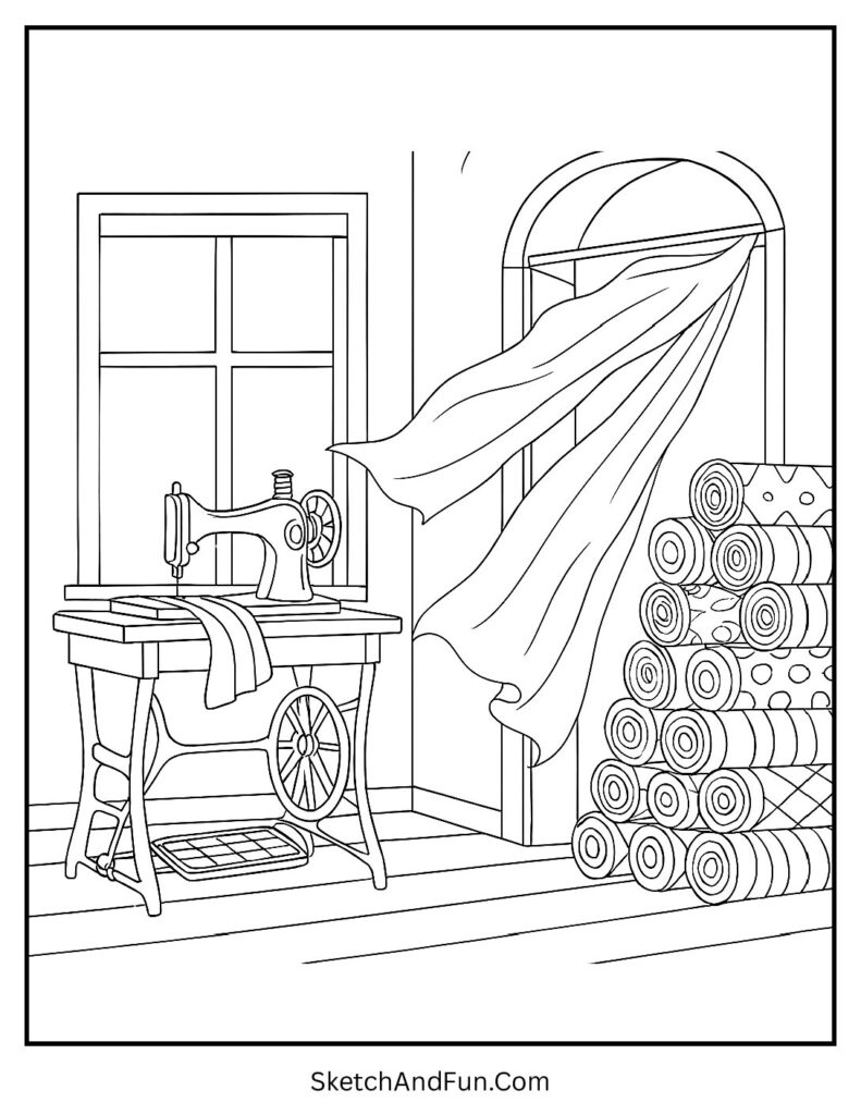 Tailor shop coloring page with fabric rolls, sewing machine, and open curtain