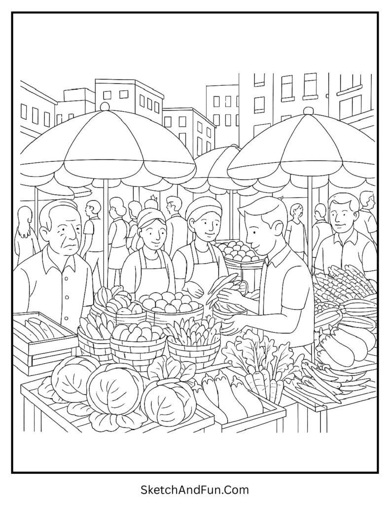 Vegetable market coloring page with colorful stalls and busy shoppers