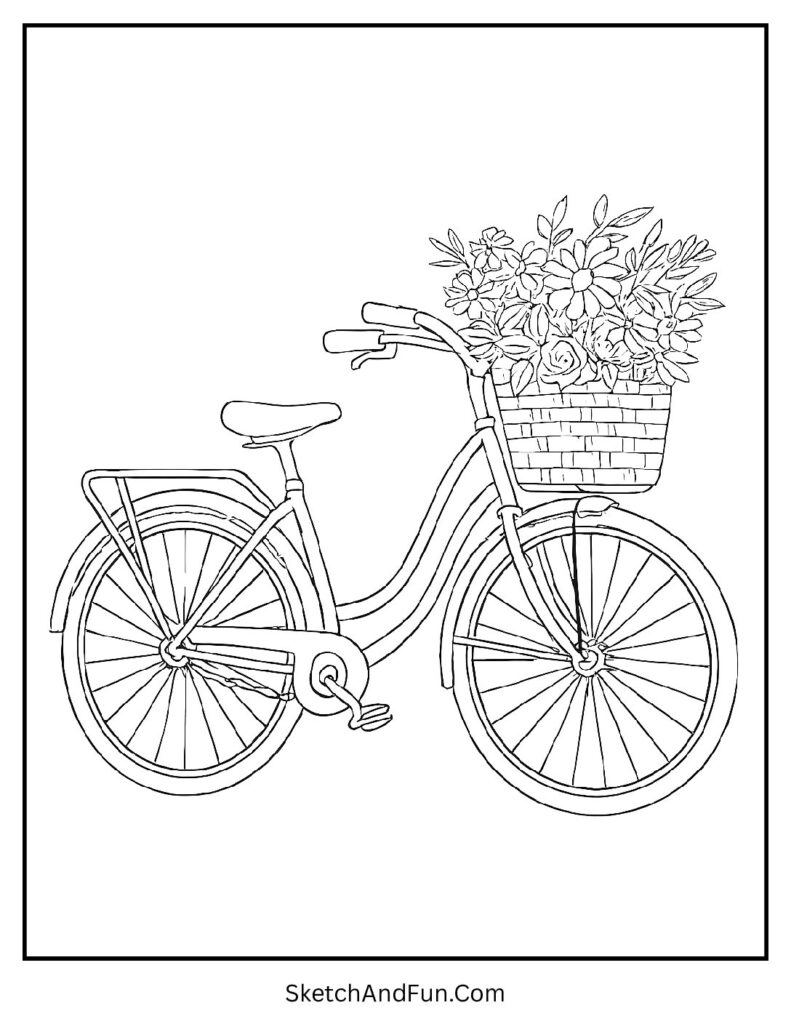 Vintage bike with flower basket for printable aesthetic coloring pages kids and adults.