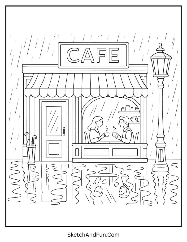 Rainy day café with umbrellas and lights for storefront coloring pages grayscale.
