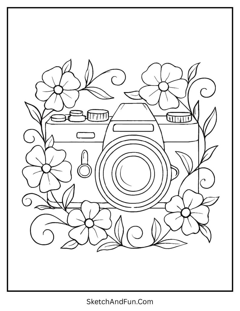 Retro camera surrounded by vines for vintage aesthetic coloring pages.