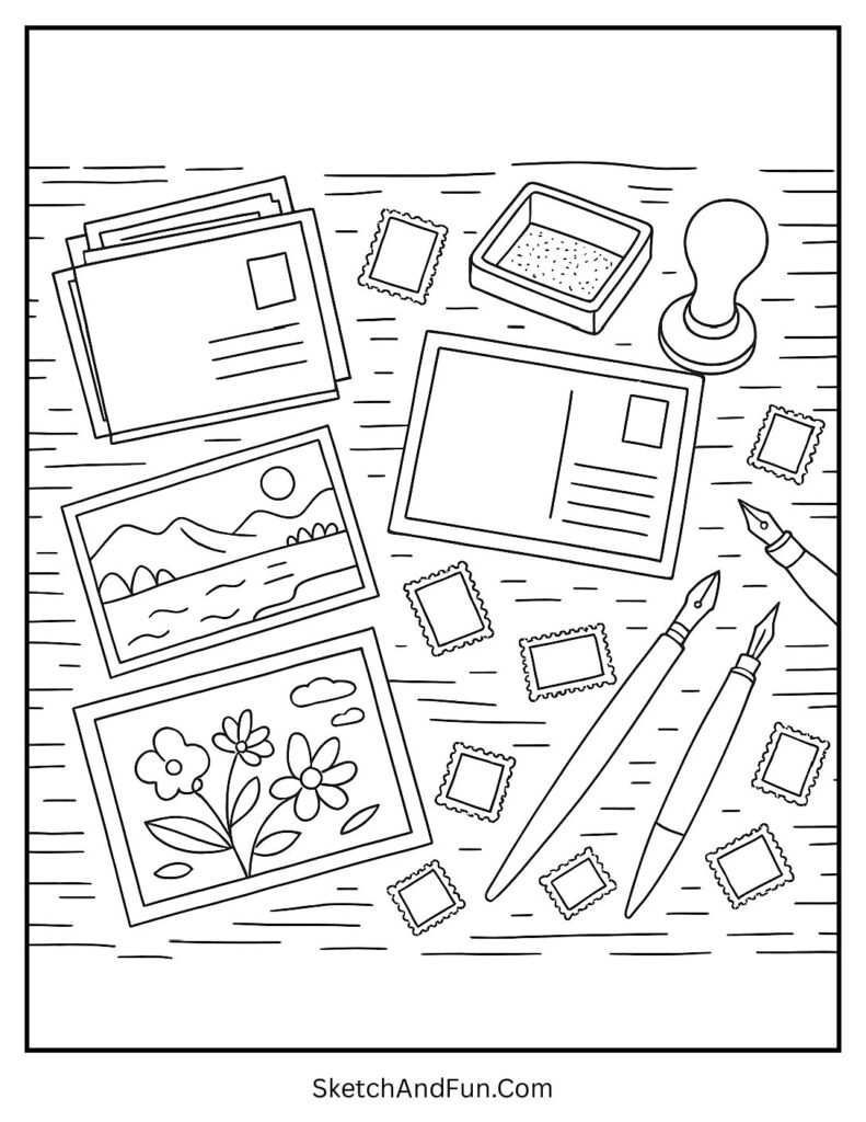 Postcards and ink pens on desk for aesthetic coloring pages travel theme.