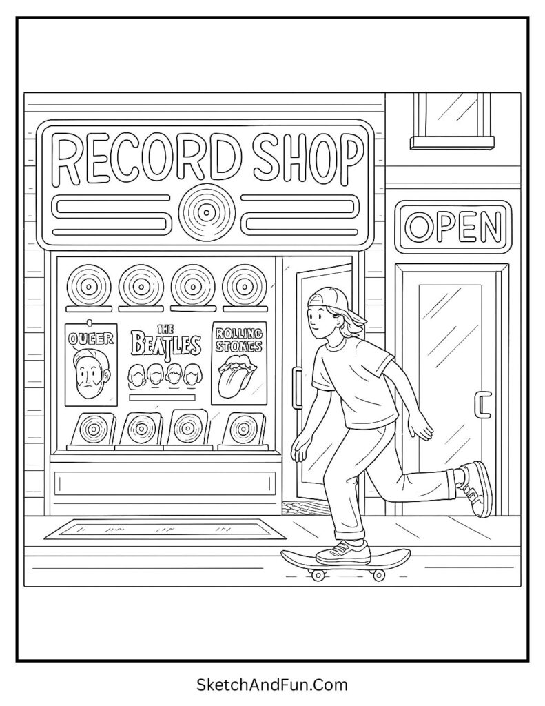 Retro record shop with neon lights for vintage storefront coloring sheets.