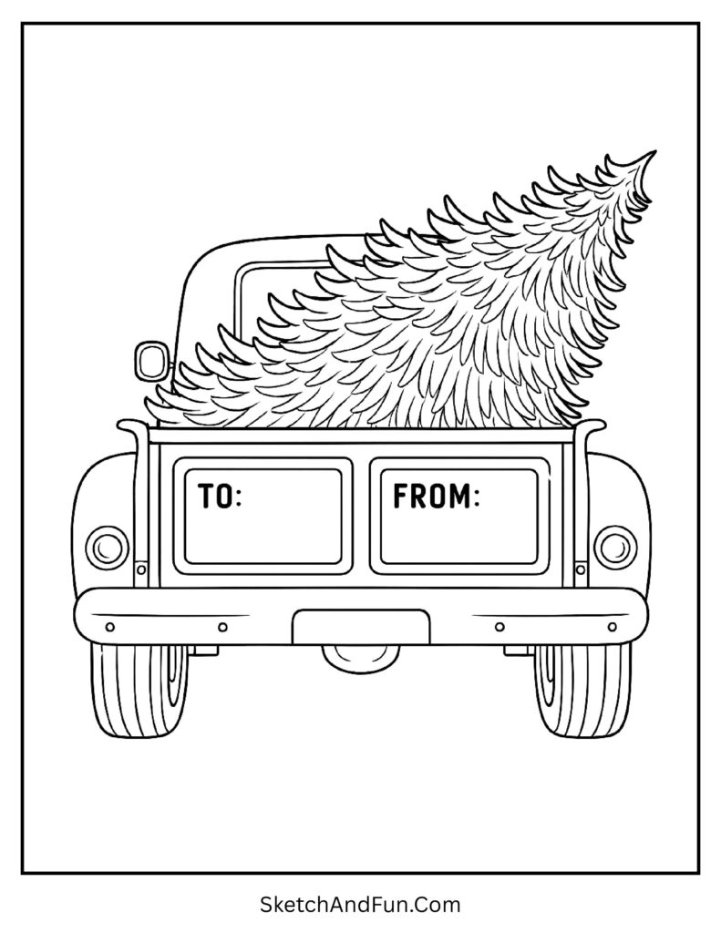 Toddler friendly Christmas gift tag coloring pages with pickup truck.