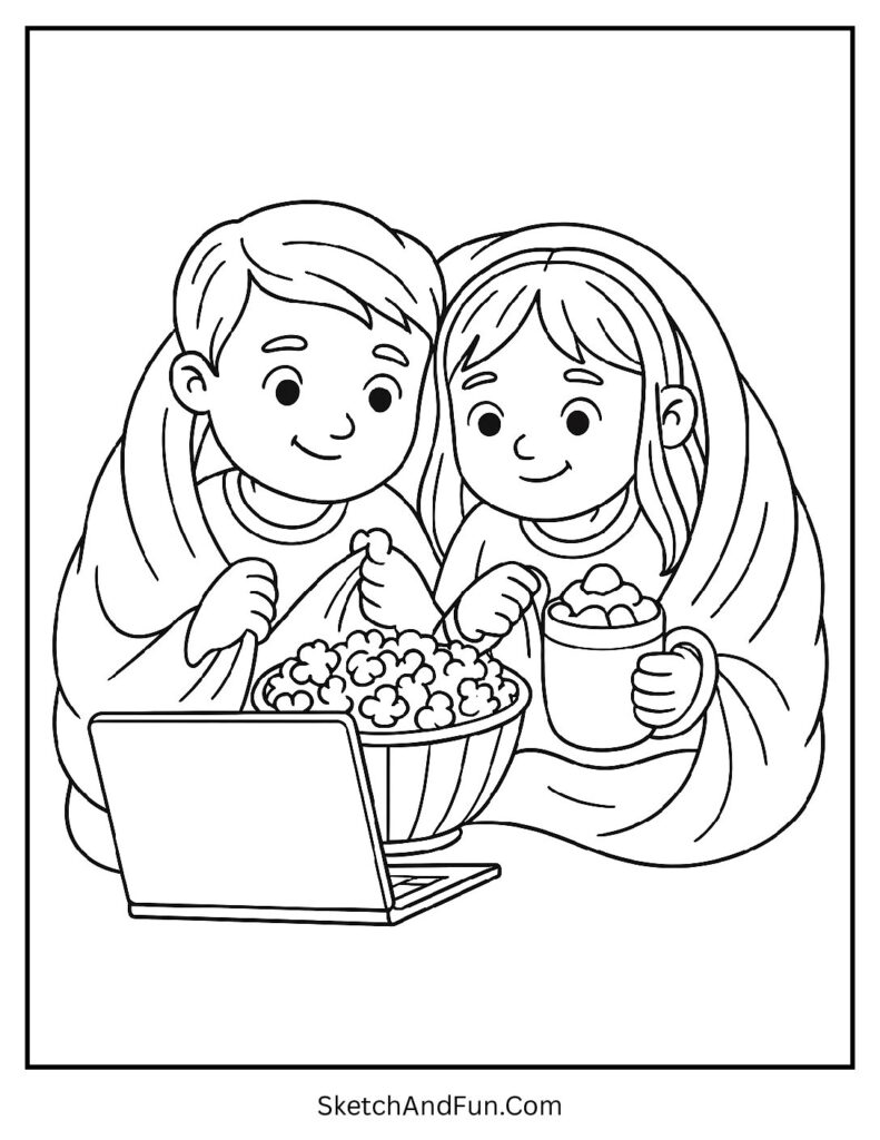 Blanket movie night kids from cozy coloring pages easy for kids and adults