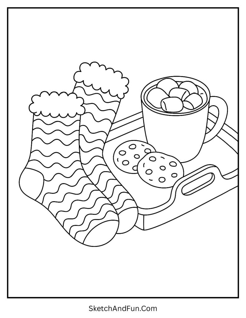 Cocoa tray with warm socks in cozy coloring pages stress relief adults