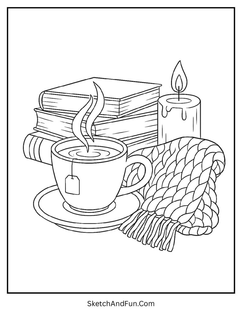 Tea and books corner in cozy coloring pages hygge style